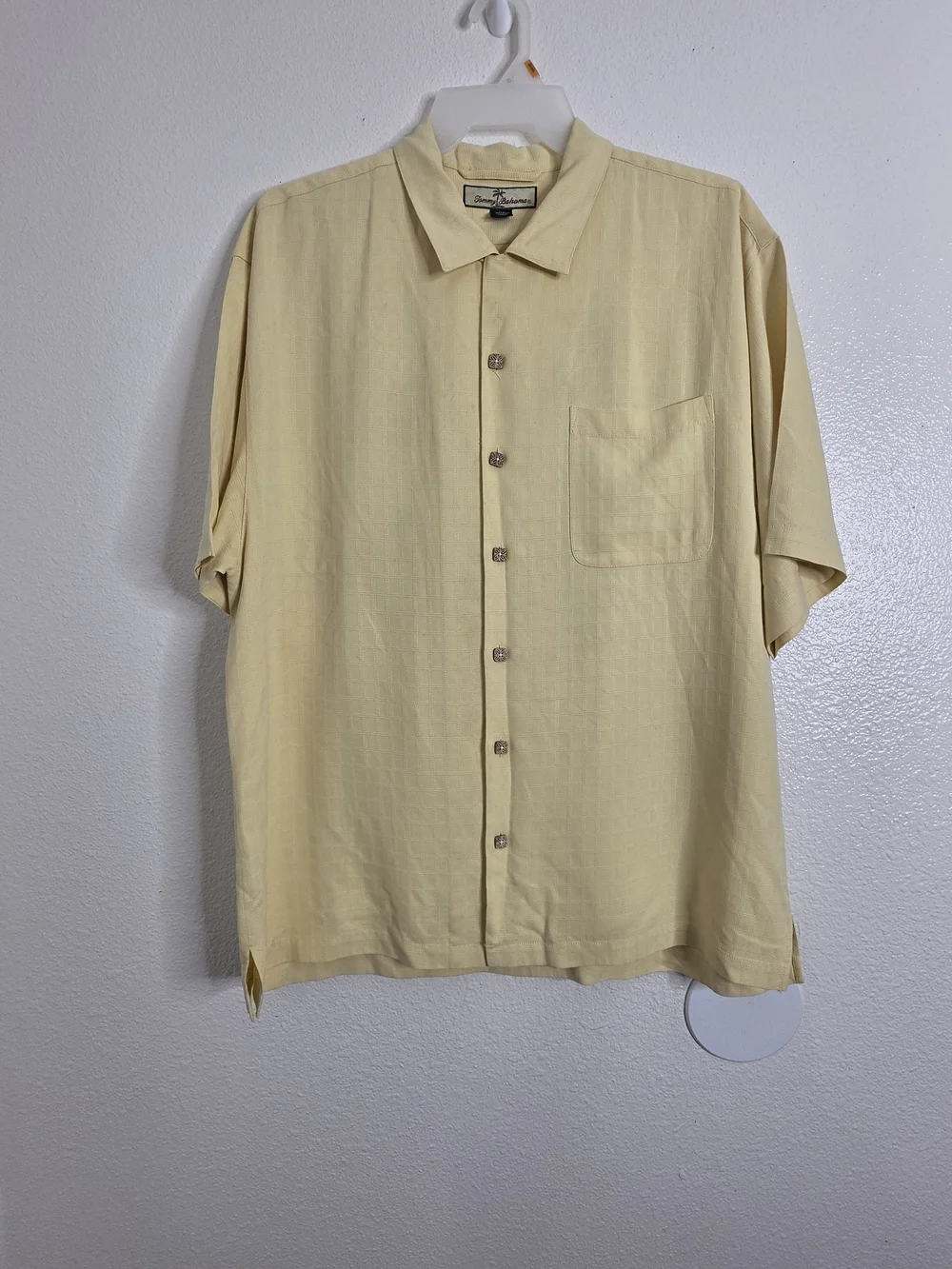 Tommy Bahama Hawaiian Shirt XL Yellow Island Rider Motorcycle Emboridered Stains
